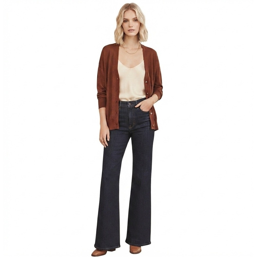 Zara 100% Merino Wool Cardigan Women Size S Rust Brown V-Neck Button Front EUC